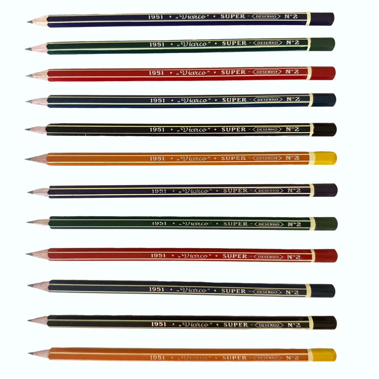 Set of Viarco pencils in various colors on a white background.