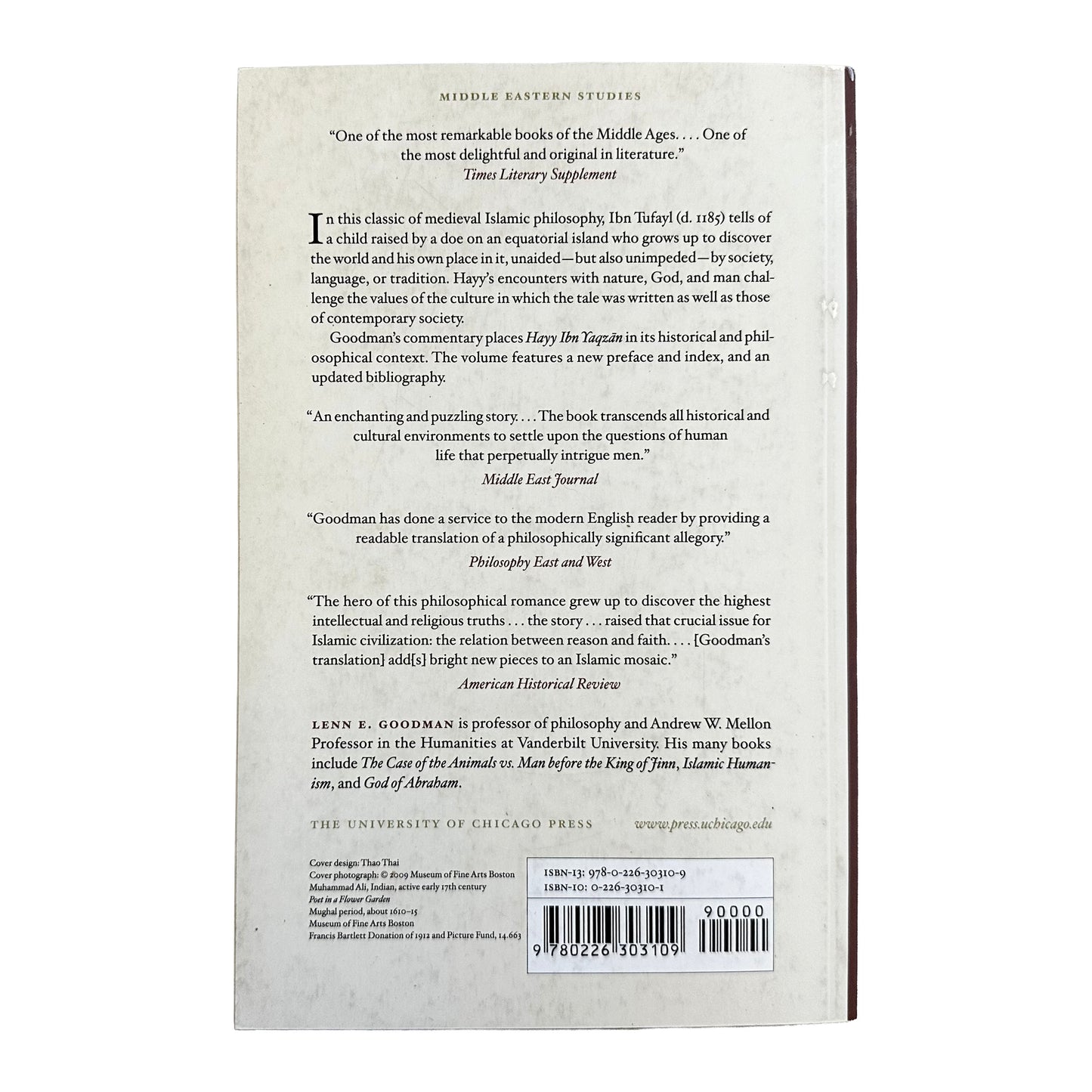 Back cover of Hayy ibn Yaqsan with text and a barcode on a white background