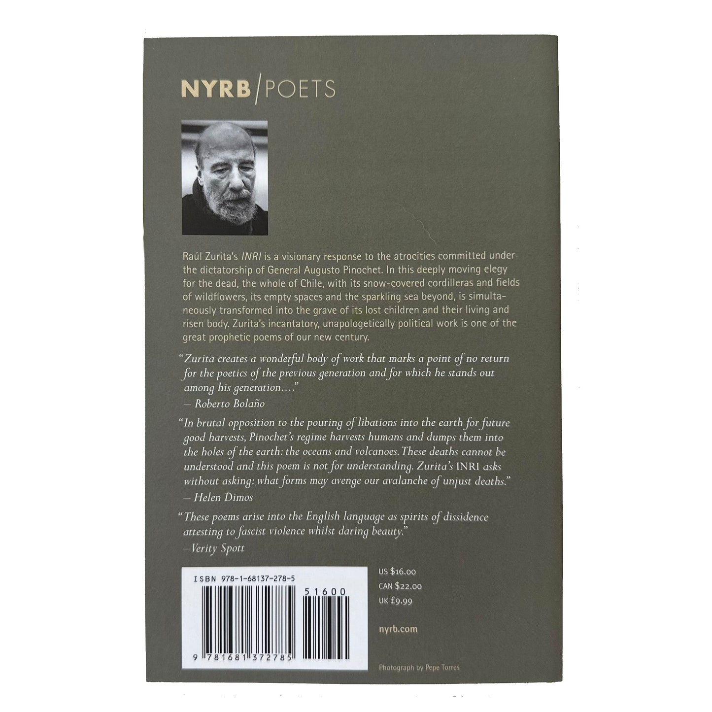 Back cover of INRI with text and a barcode, featuring the NYRB Poets logo.