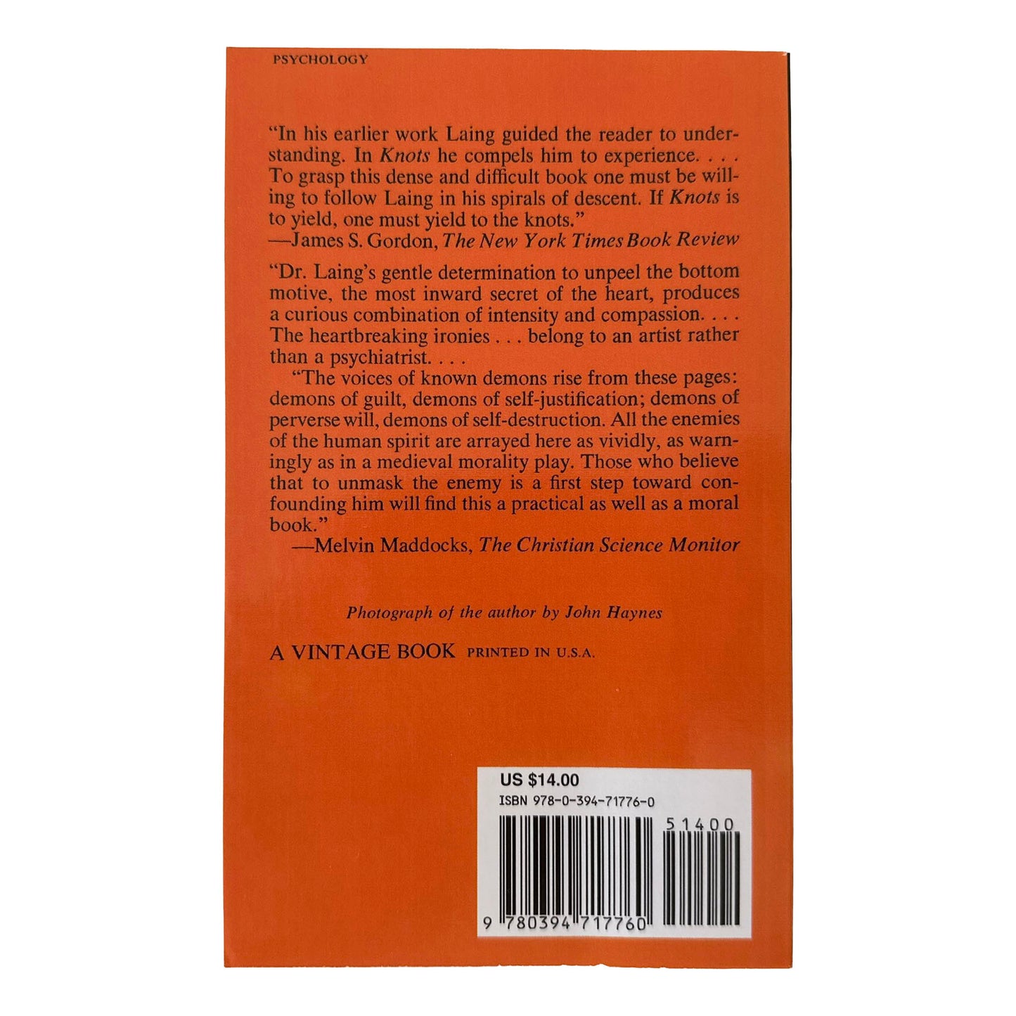 Back cover of Knots with text and a barcode on an orange background