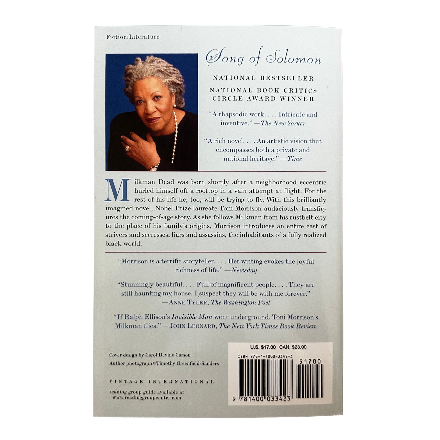 Song of Solomon back cover with author photo, text, and barcode on a white background