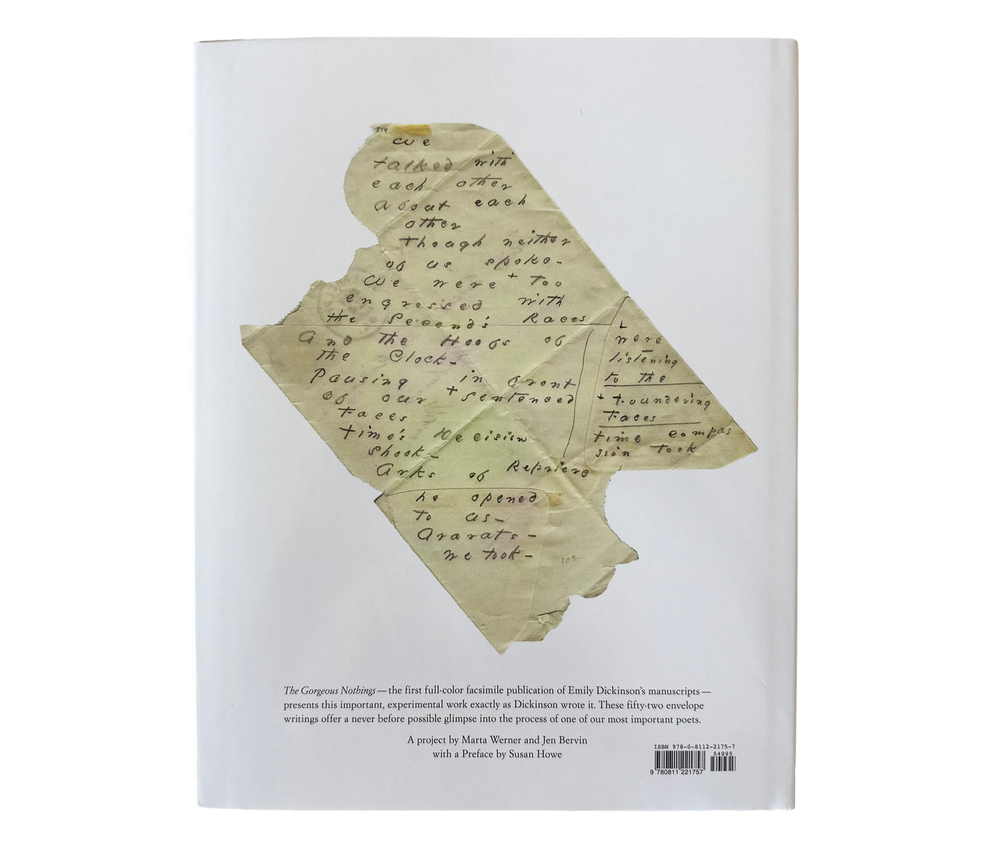 Back Cover of The Gorgeous Nothings: Emily Dickinson's Envelope Poems featuring manuscript text on a white background