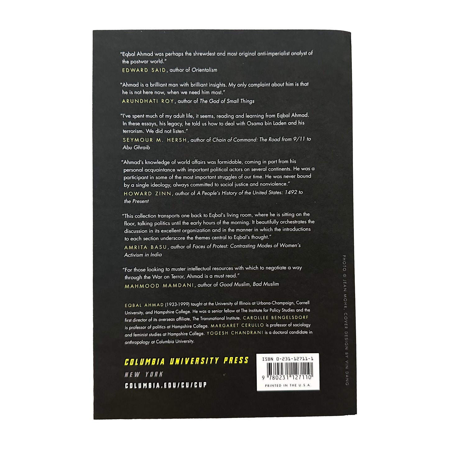 Back cover of The Selected Writings of Eqbal Ahmad with text and a barcode on a white background
