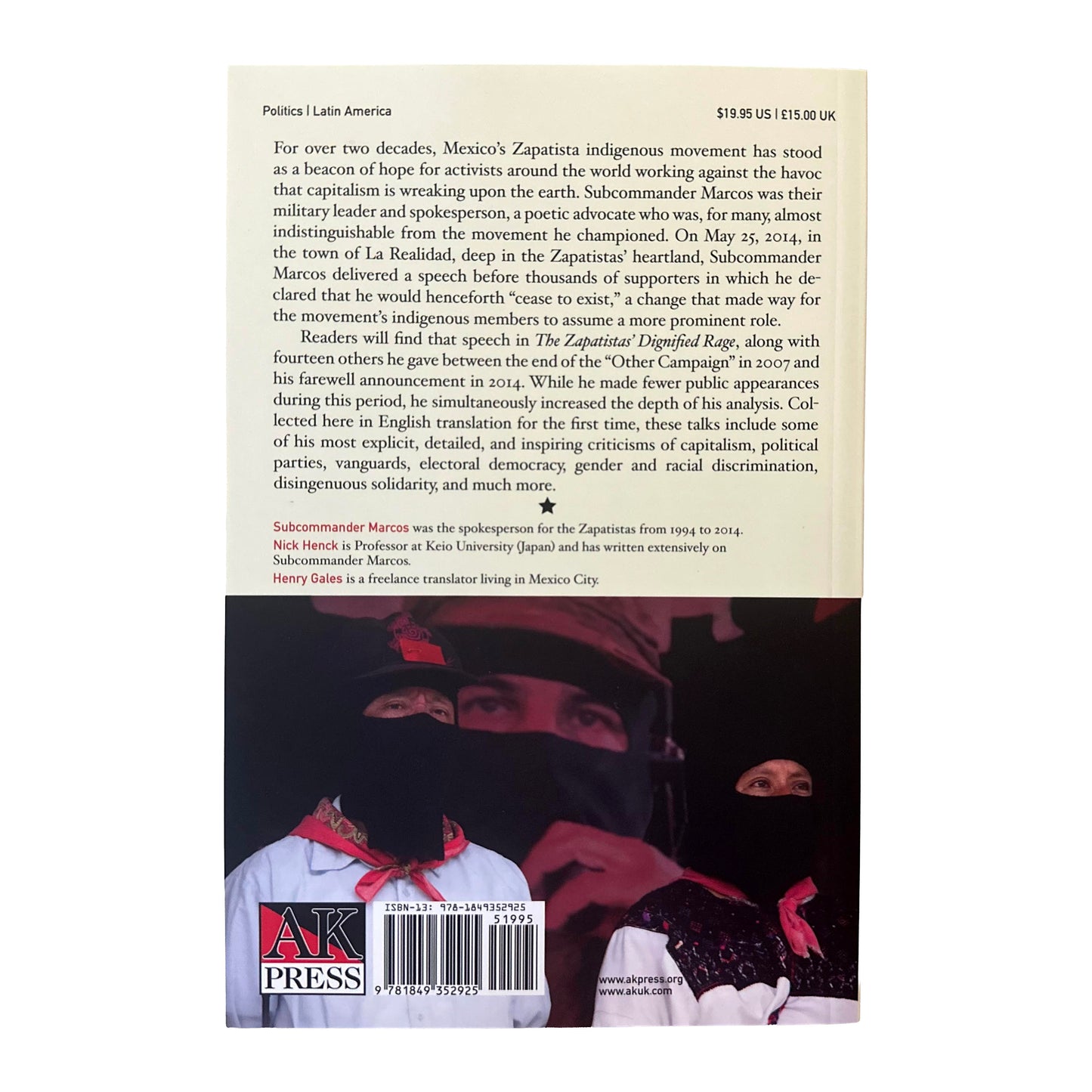 The Zapatistas' Dignified Rage back cover with text and a portrait of a person wearing a mask and red scarf.