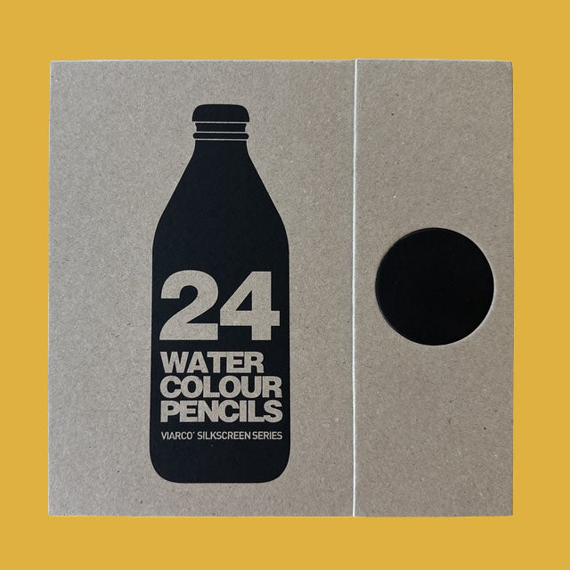 Cardboard packaging for 24 watercolor pencils with a bottle illustration on a yellow background.