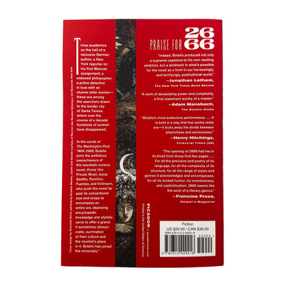 2666 back cover with text and a barcode on a red background