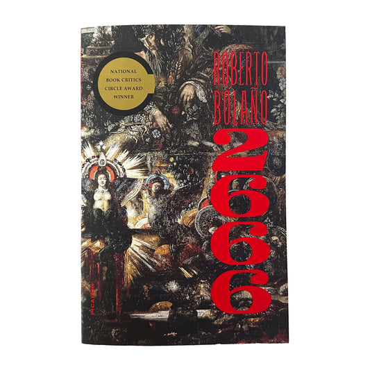 Book cover of '2666' by Roberto Bolaño with artistic design and award text.