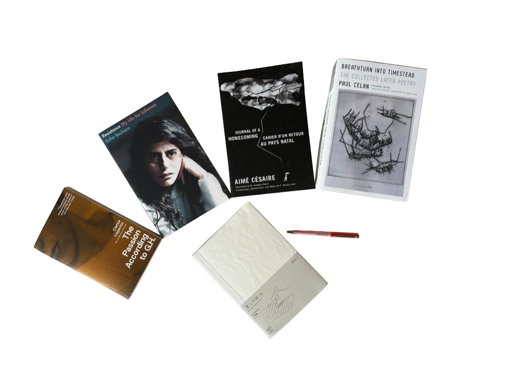 Collection of books and a notebook on a white background