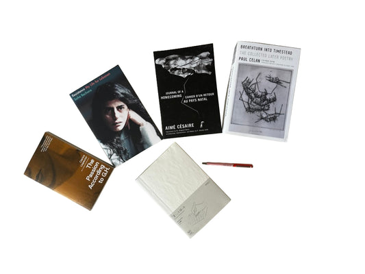 Collection of books and a notebook on a white background