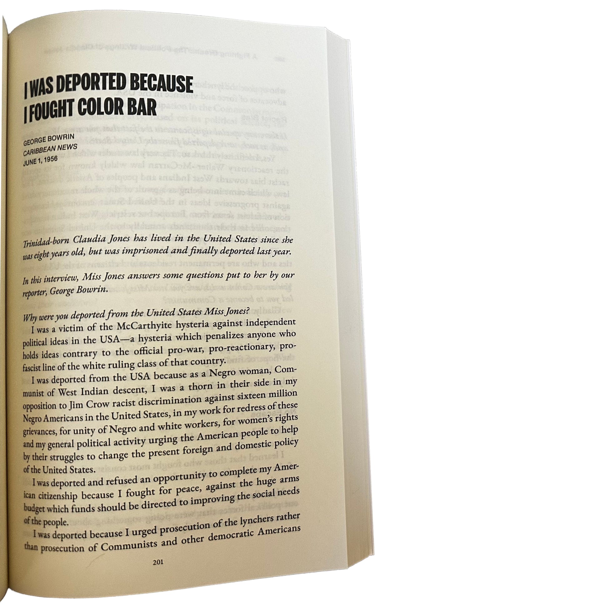 Open copy of A Fighting Dream: the Political Writings of Claudia Jones with text on a white background