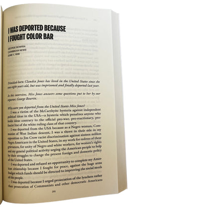 Open copy of A Fighting Dream: the Political Writings of Claudia Jones with text on a white background