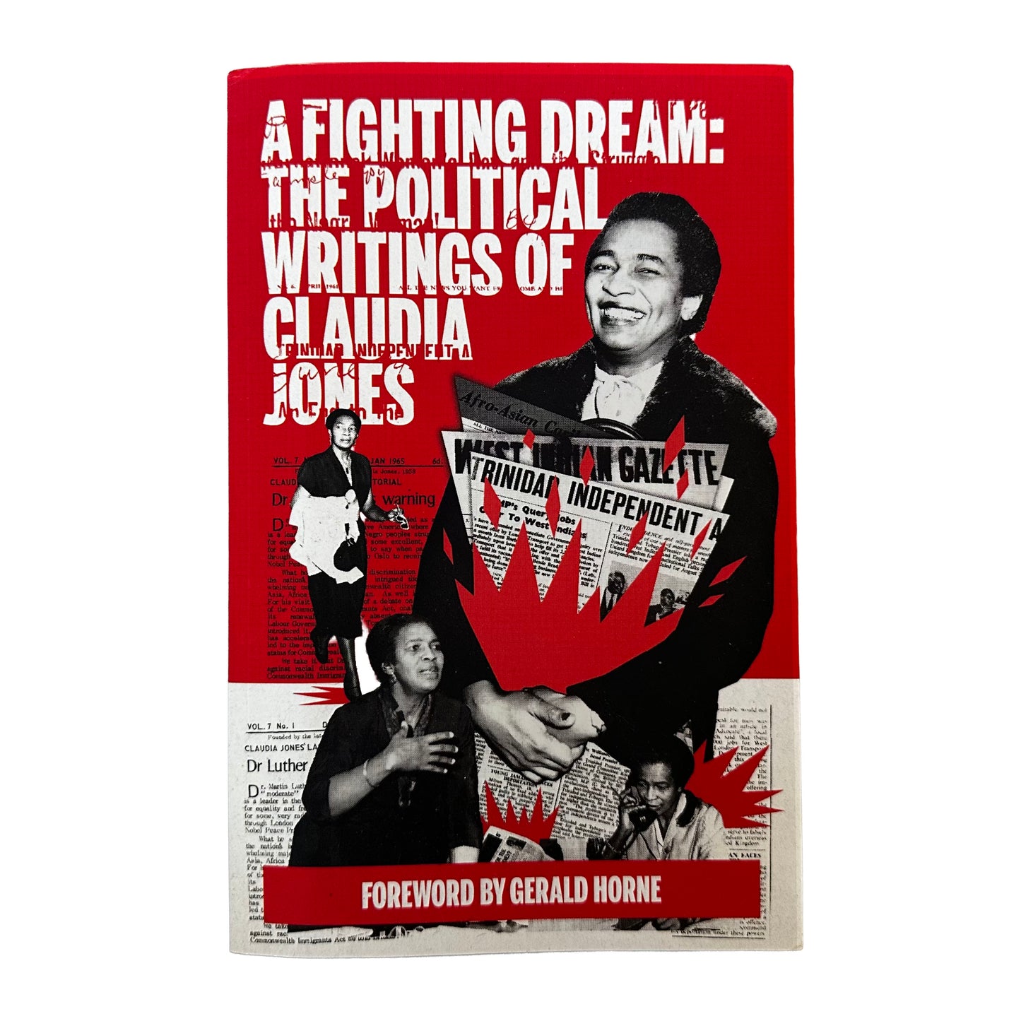 Book cover of 'A Fighting Dream: The Political Writings of Claudia Jones' with a red background and black and white images.