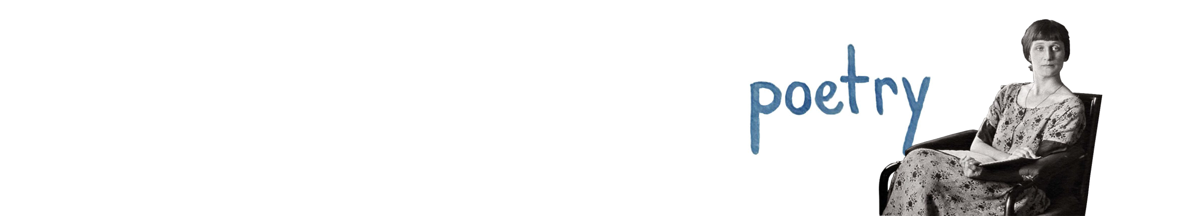 Text 'poetry' with a woman sitting in a chair on a white background