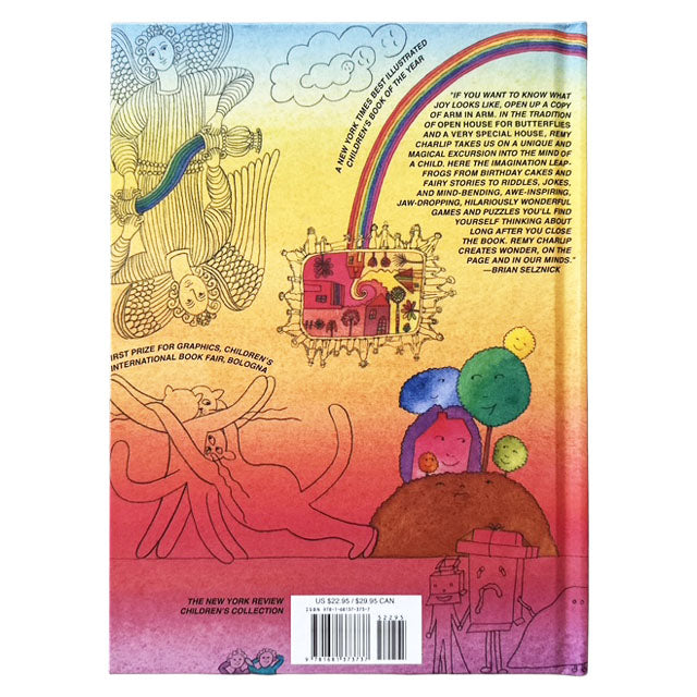 Colorful back cover of Arm in Arm with illustrations and text on a white background