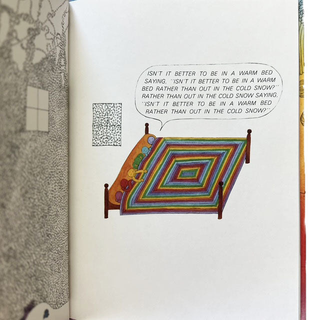 Excerpt of Arm in Arm featuring illustration of a bed with a colorful quilt and text bubble in a book.