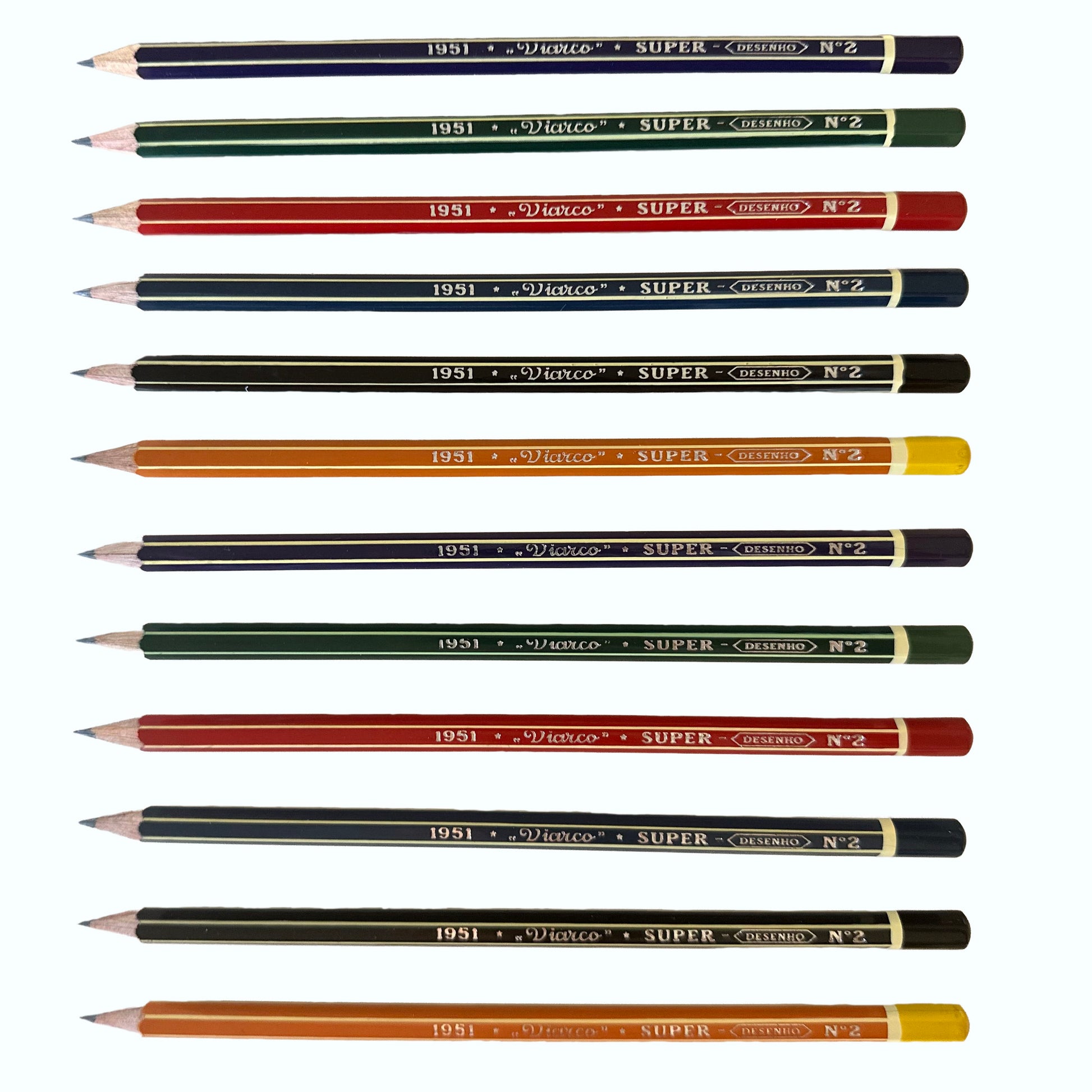 Set of Viarco pencils in various colors on a white background.