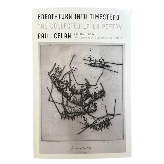 Book cover of 'Breathturn into Timestead' by Paul Celan with a black and white abstract design.