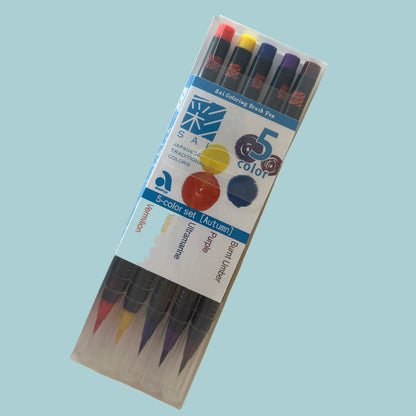 Set of five colored brush pens in a clear packaging on a light blue background
