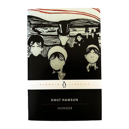 Book cover of 'Hunger' by Knut Hamsun with black and white illustrations on a white background