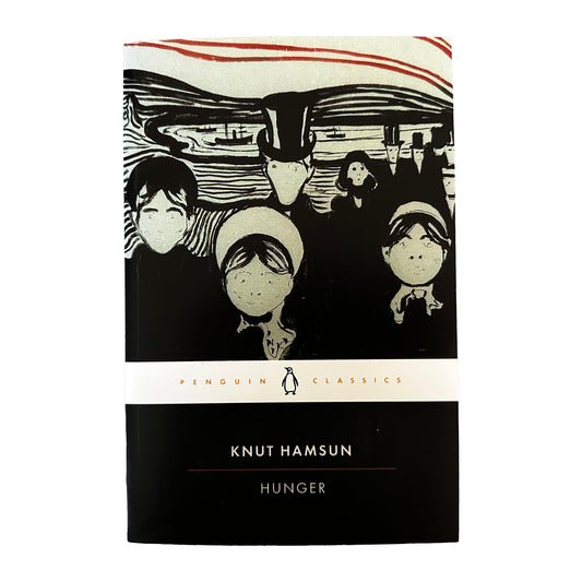 Book cover of 'Hunger' by Knut Hamsun with black and white illustrations on a white background