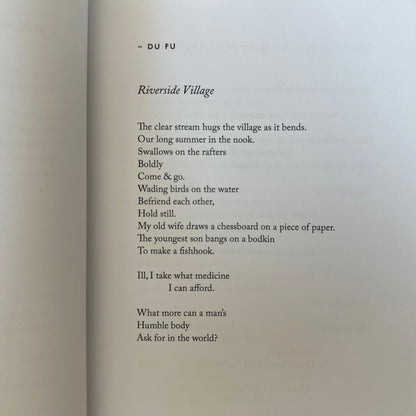 Poem by Du Fu titled 'Riverside Village' printed on a textured paper background.