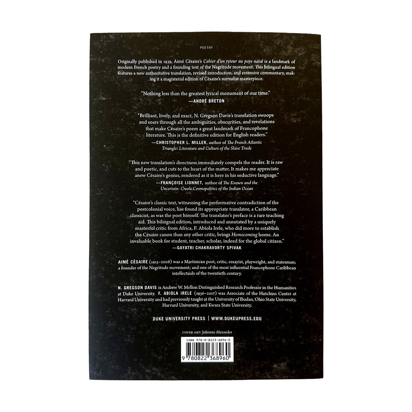 Back cover of Journal of a Homecoming with text and a barcode on a black background
