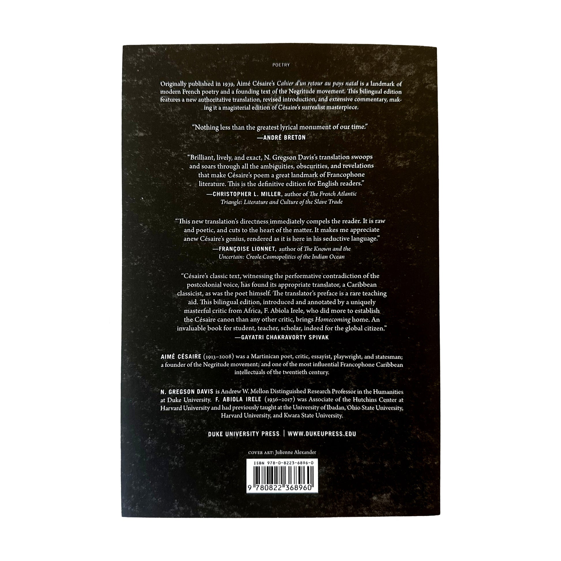Back cover of Journal of a Homecoming with text and a barcode on a black background