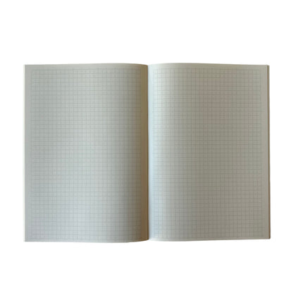 Open notebook with grid pages on a white background