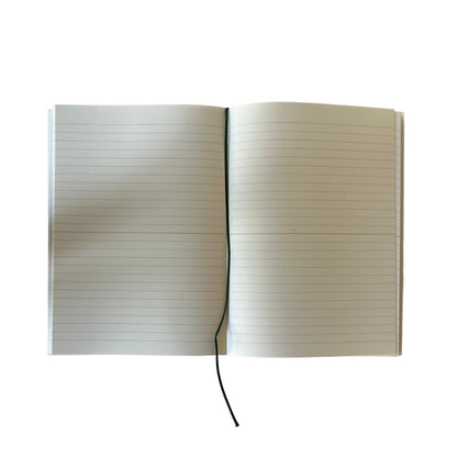 Open notebook with lined pages on a white background