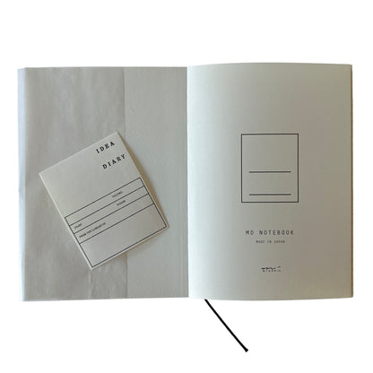 Open notebook with a card titled 'Idea Diary' on a white background