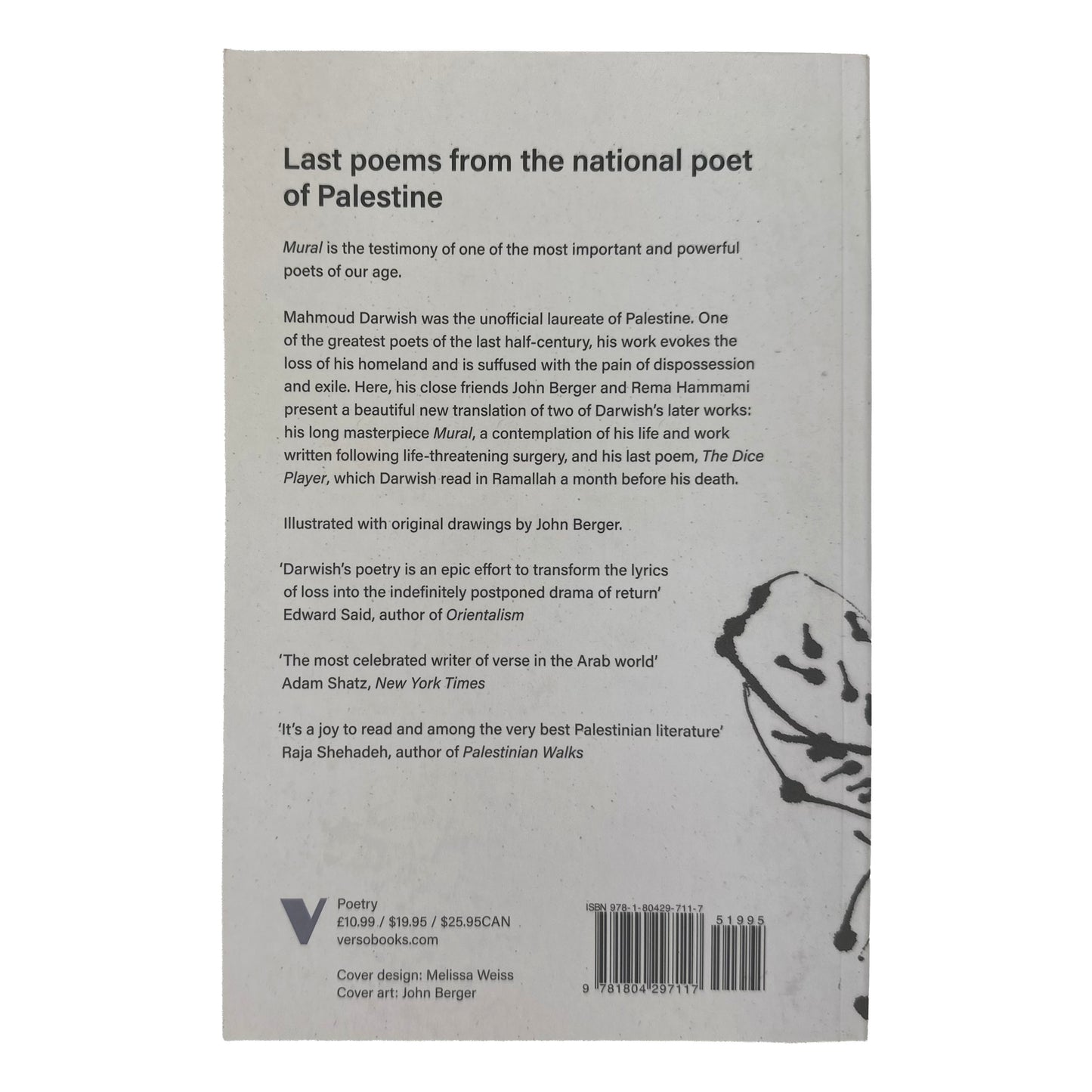 Mural back cover with text about Mahmoud Darwish and illustrations on a white background