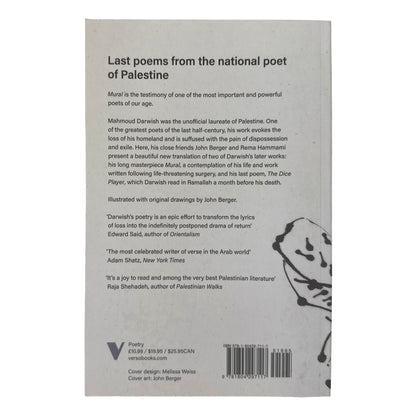 Mural back cover with text about Mahmoud Darwish and illustrations on a white background