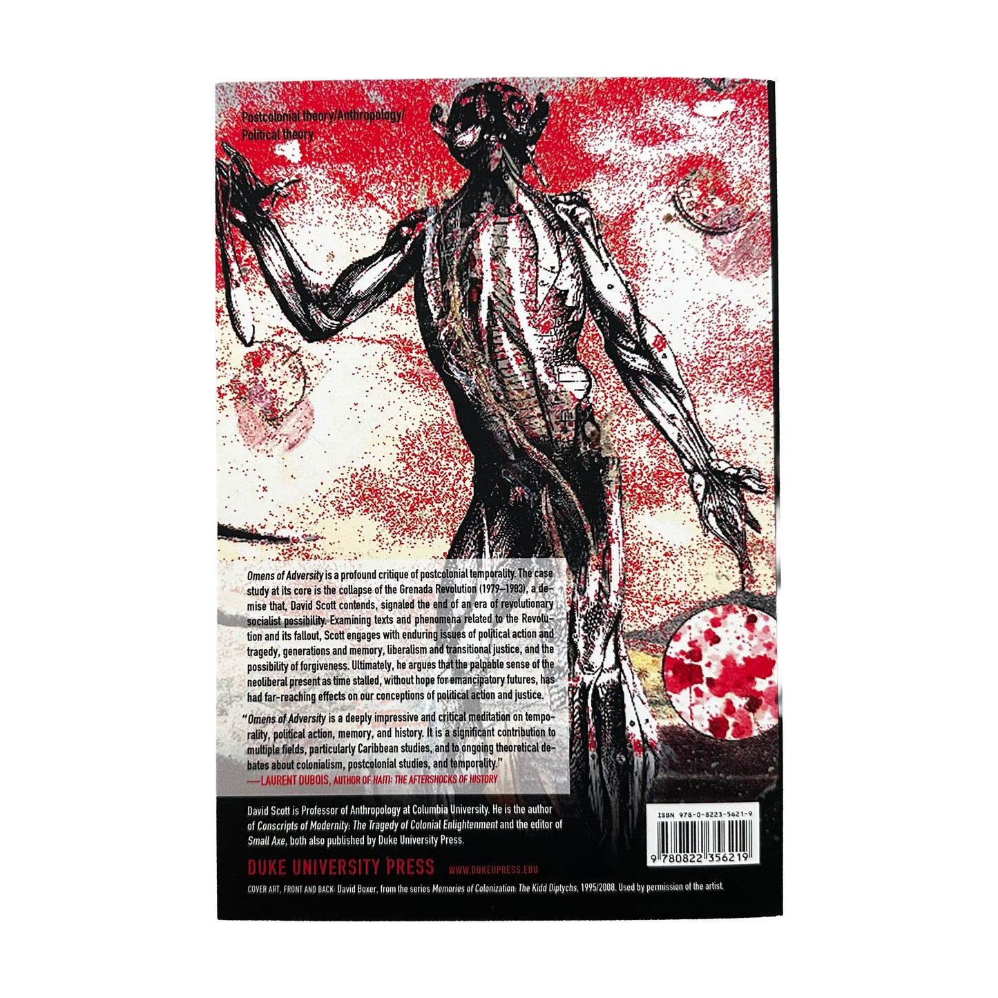 Back cover of Omens of Adversity with a stylized illustration of a figure against a red and white background