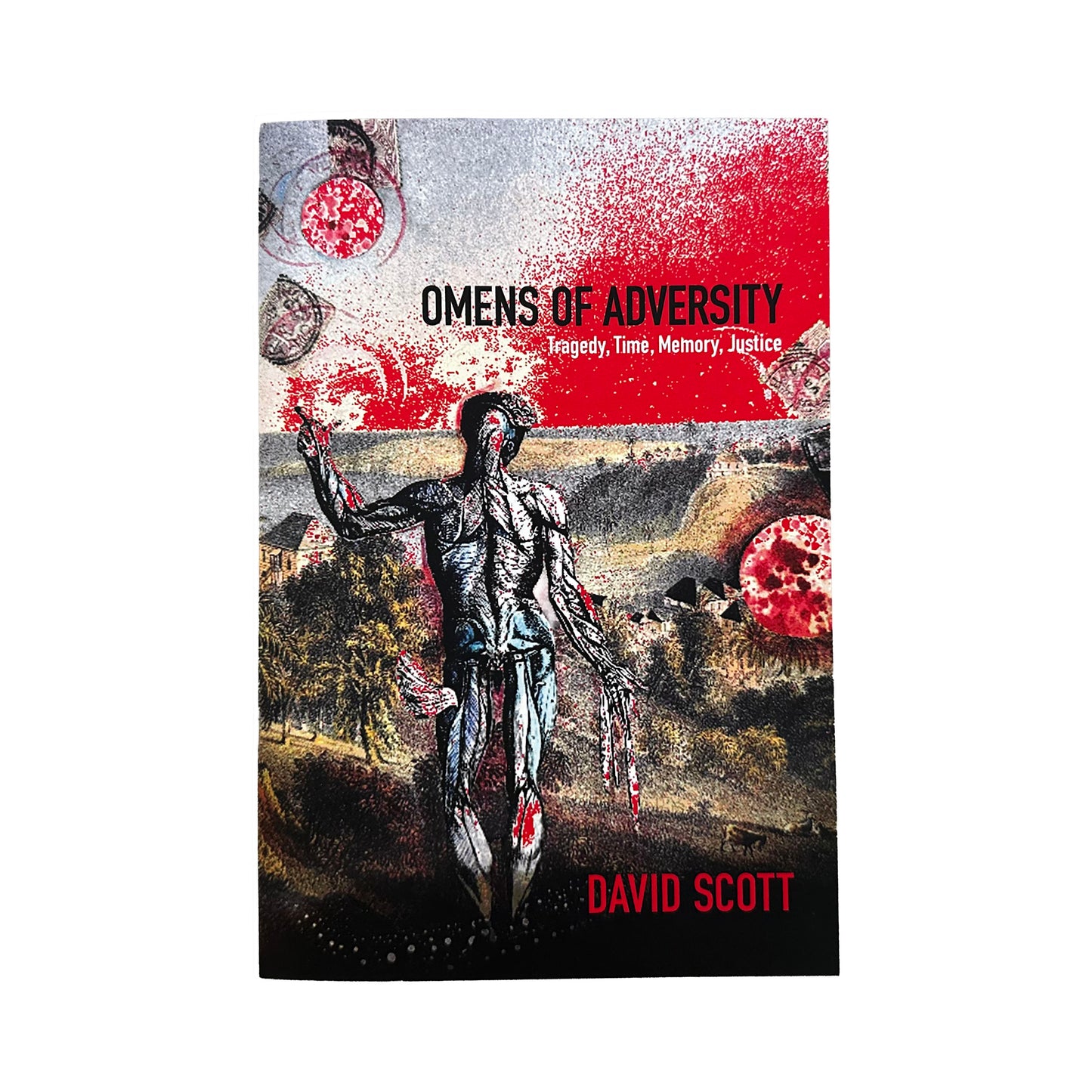 Book cover of 'Omens of Adversity' by David Scott with a stylized figure and abstract design.