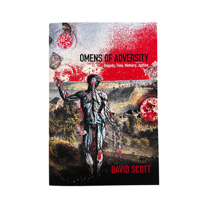 Book cover of 'Omens of Adversity' by David Scott with a stylized figure and abstract design.
