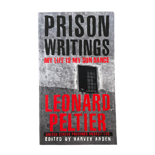Book cover of 'Prison Writings' by Leonard Peltier with a gray background and red text.