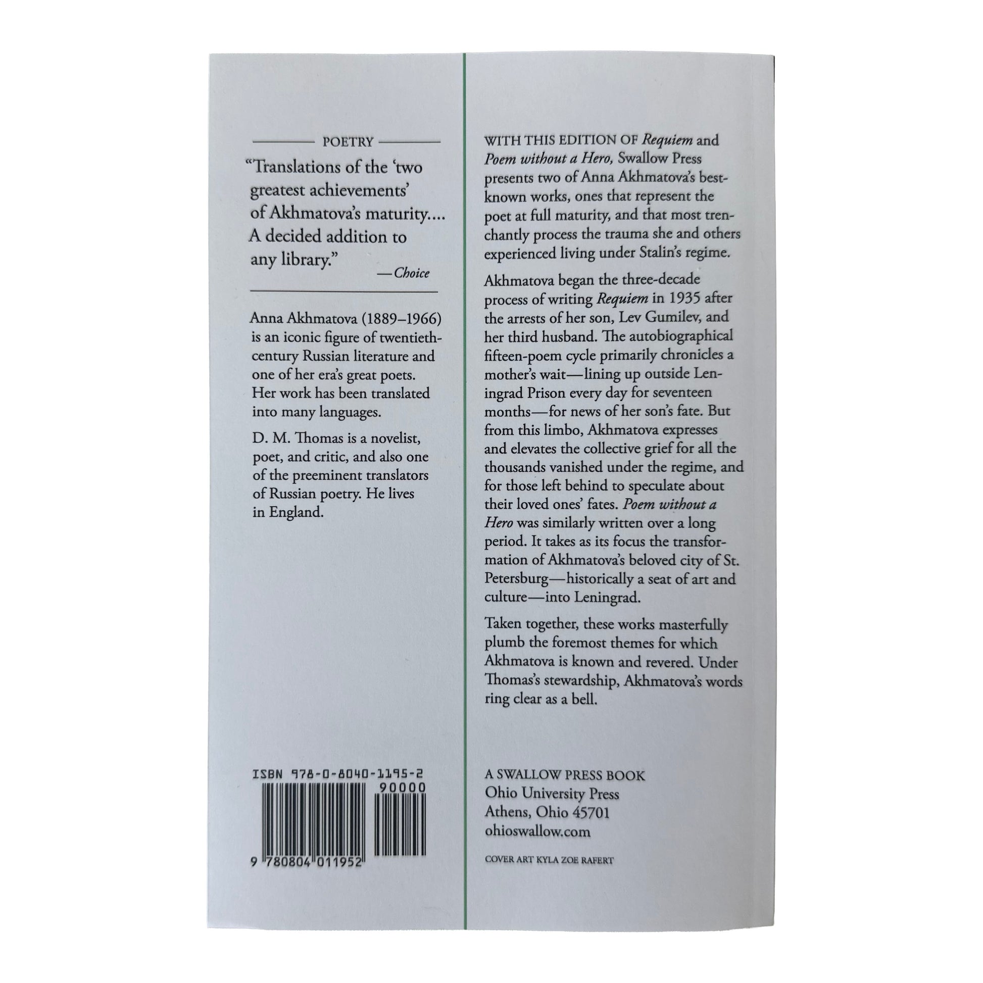 Back cover of Requiem and Poem Without a Hero with text and a barcode on a white background