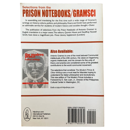 Back cover of a book titled 'Selections from the Prison Notebooks by Gramsci' with text and a barcode.