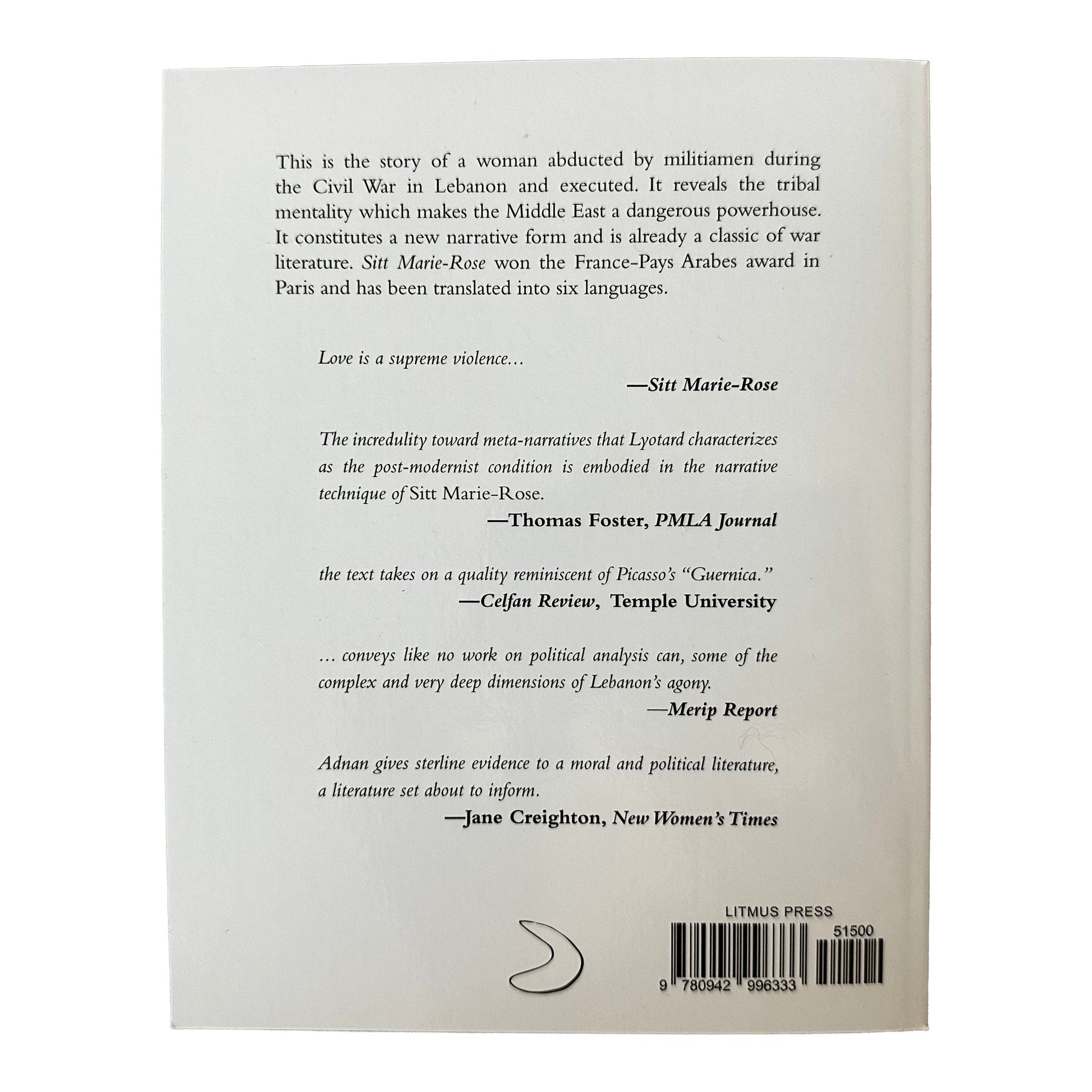 Back cover of Sitt Marie Rose with text and a barcode on a white background