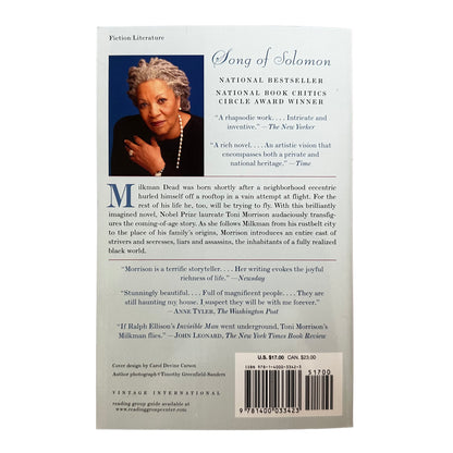 Song of Solomon back cover with author photo, text, and barcode on a white background