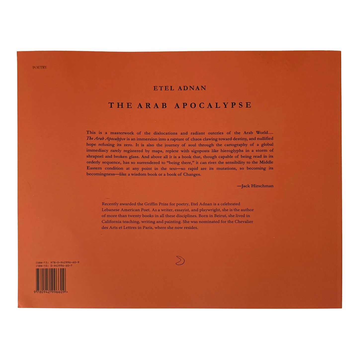 Back cover of 'The Arab Apocalypse' by Etel Adnan with text and a barcode on an orange background.