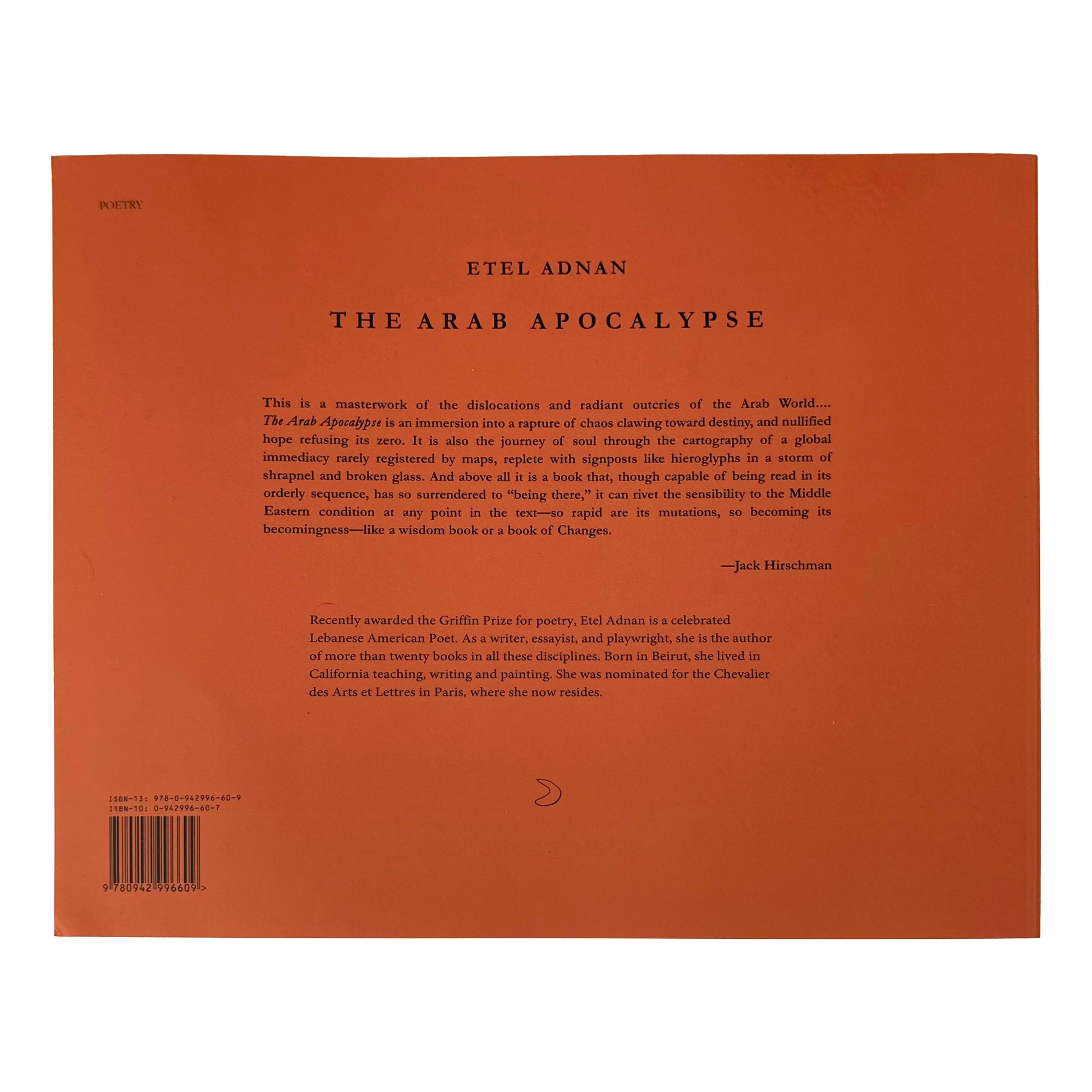 Back cover of 'The Arab Apocalypse' by Etel Adnan with text and a barcode on an orange background.