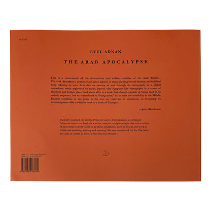 Back cover of 'The Arab Apocalypse' by Etel Adnan with text and a barcode on an orange background.