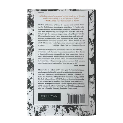 Back cover of The Book of Questions with text and a barcode on a white background
