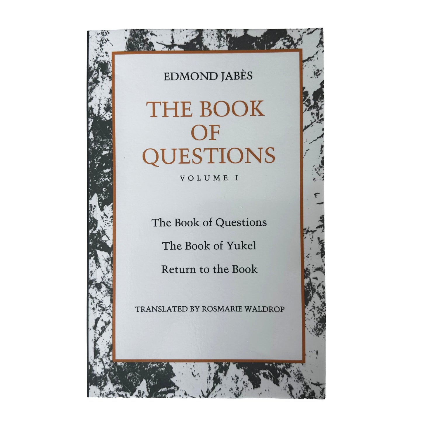 Book cover of 'The Book of Questions' by Edmond Jabès with a decorative black and white pattern.