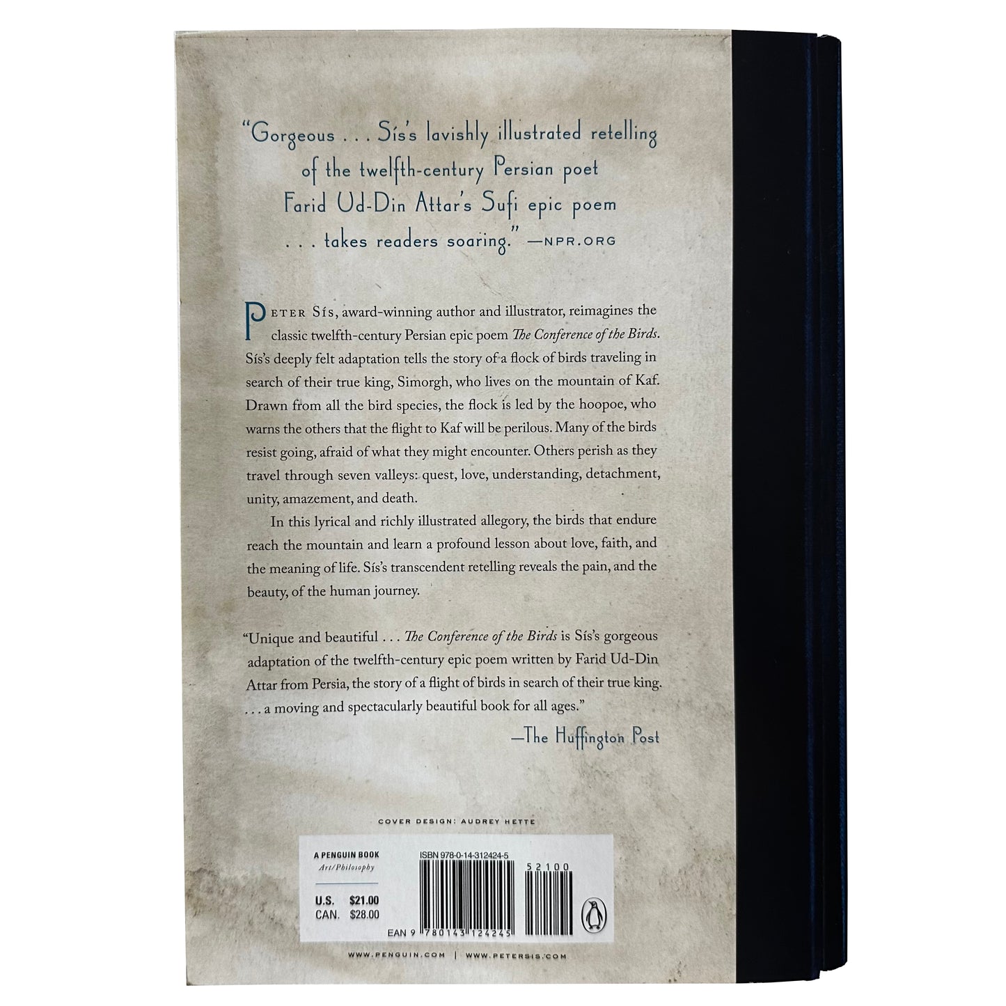 Back cover of The Conference of the Birds with text and a barcode on a white background