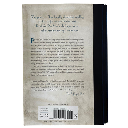 Back cover of The Conference of the Birds with text and a barcode on a white background