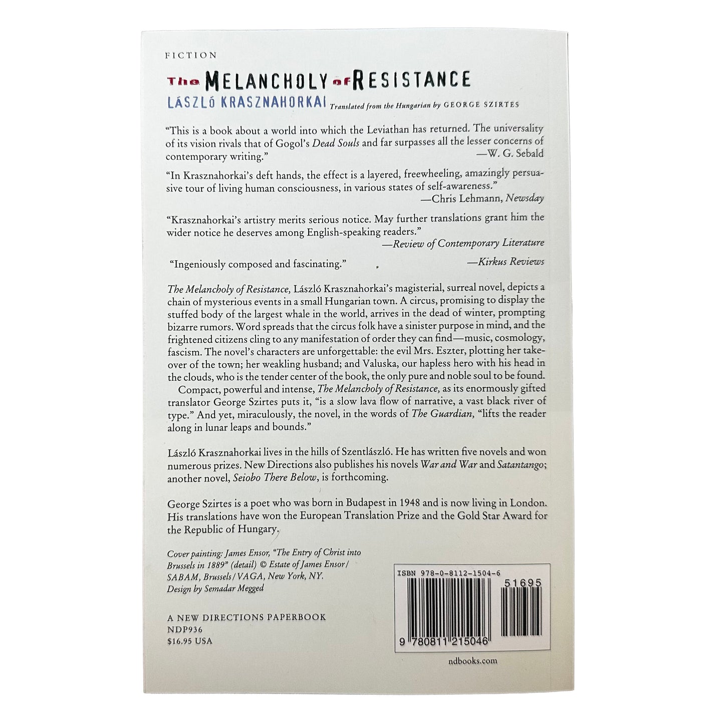 Back cover of a book titled 'The Melancholy of Resistance' by Laszlo Krasznahorkai with text and a barcode.