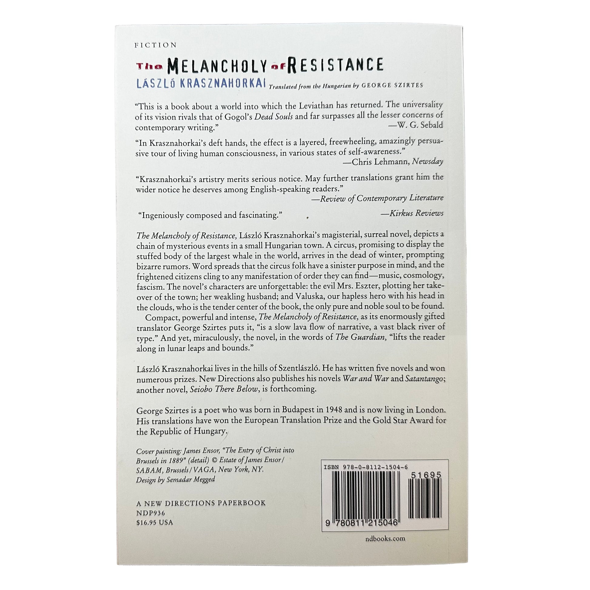 Back cover of a book titled 'The Melancholy of Resistance' by Laszlo Krasznahorkai with text and a barcode.