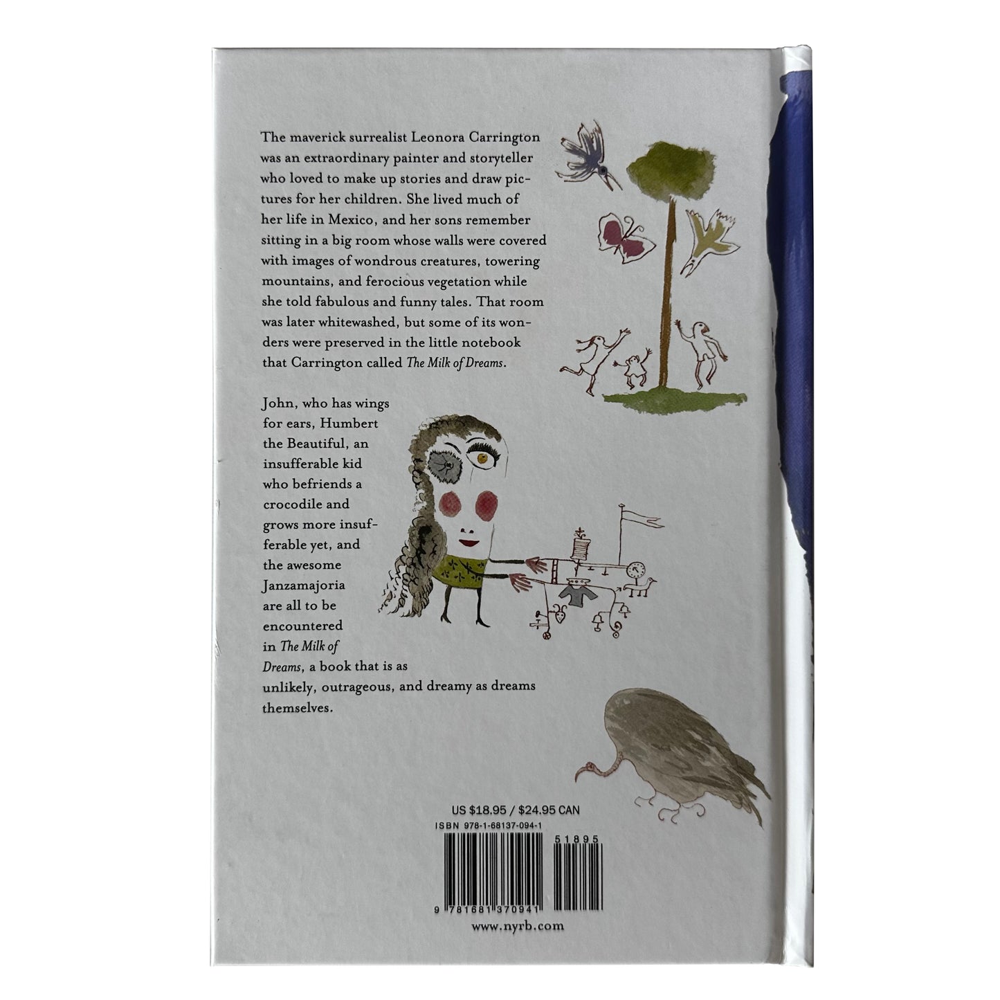 Back cover of The Milk of Dreams with illustrations and text on a white background